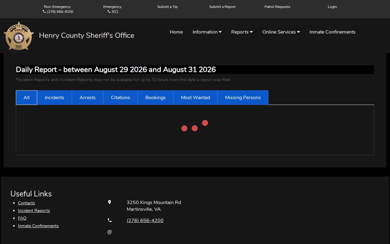 Henry County official Daily Report booking and arrest filter form