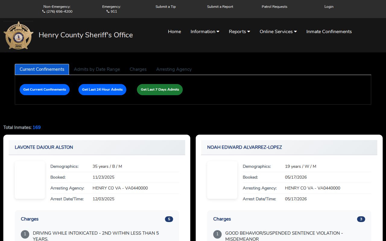 Henry County booking roster search form for current custody and admissions