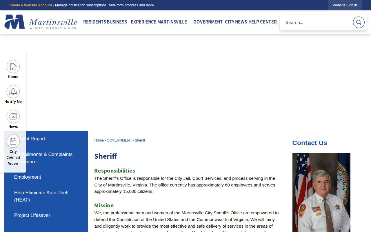 Martinsville Sheriff official source for City Jail custody records